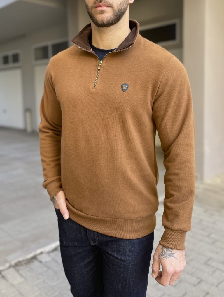 Everbest Ανδρική κάμελ ριπ με βελούδινη υφή μπλούζα με γιακά και φερμουάρ 251040 φωτογραφία